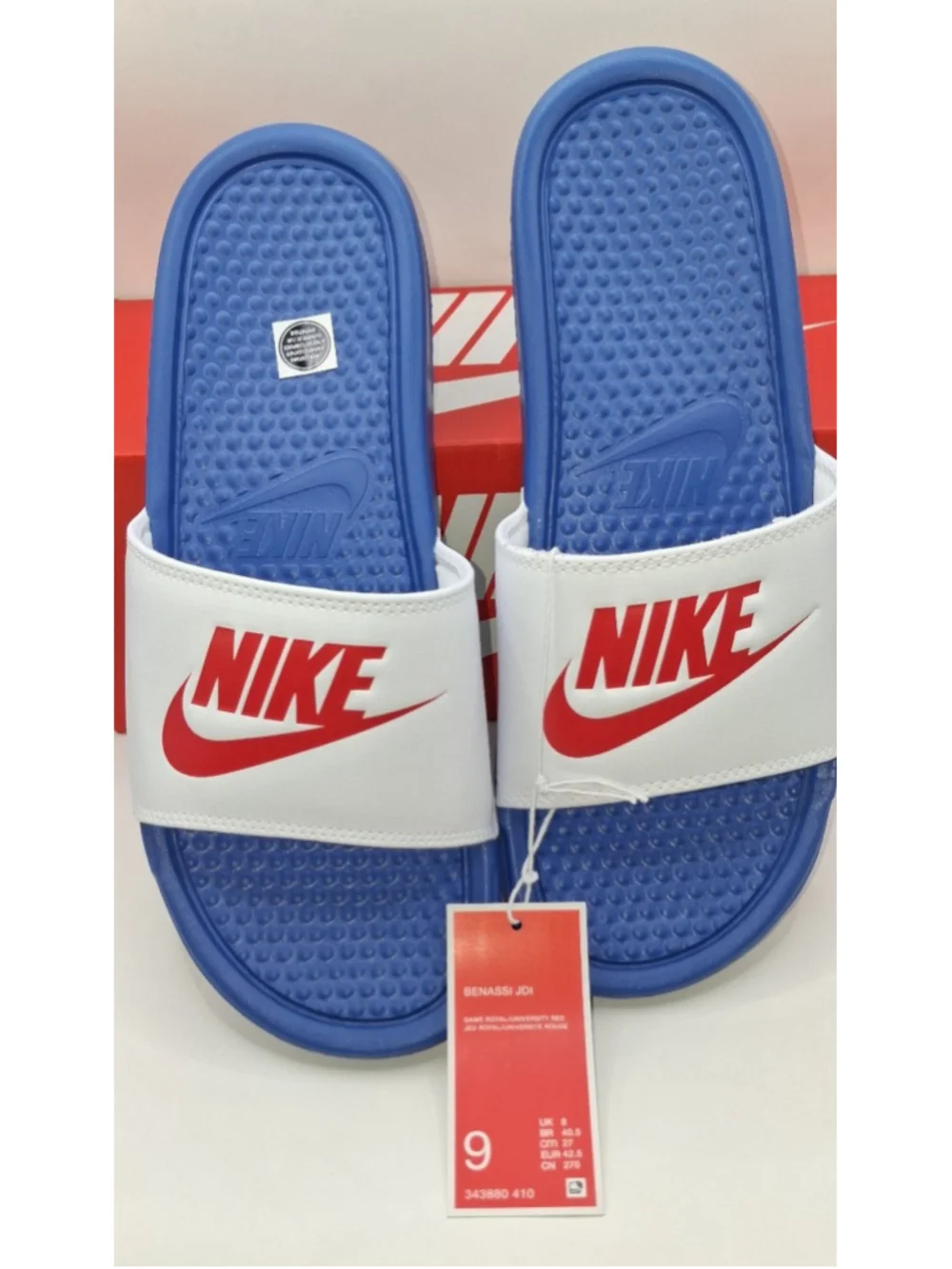 Nike Benassi JDI Sandals Mens Blue White Red Slip On 343880 410 SZ 9US,  SZ 8UK